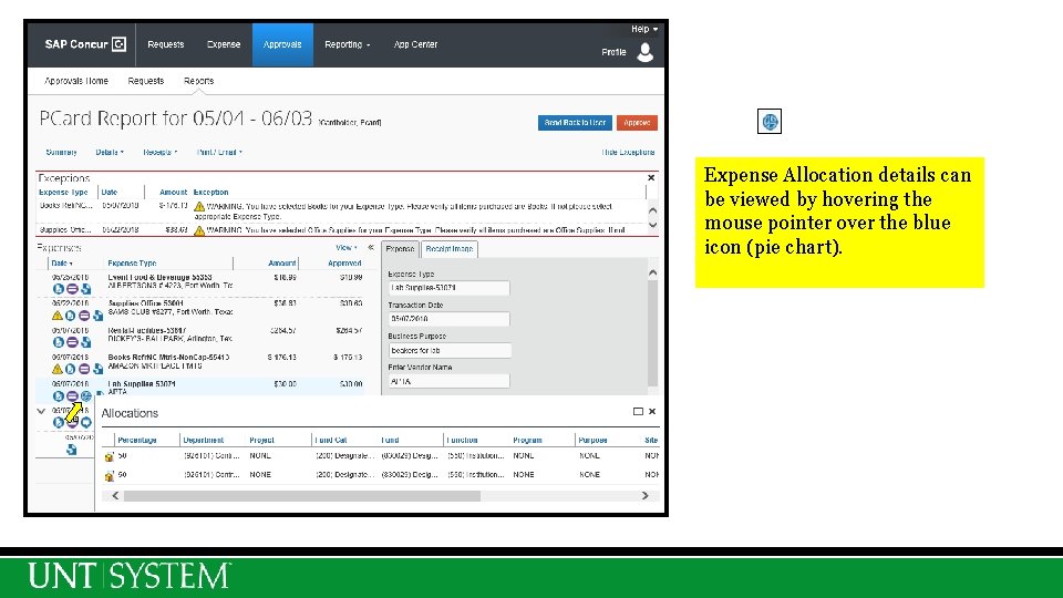 Expense Allocation details can be viewed by hovering the mouse pointer over the blue