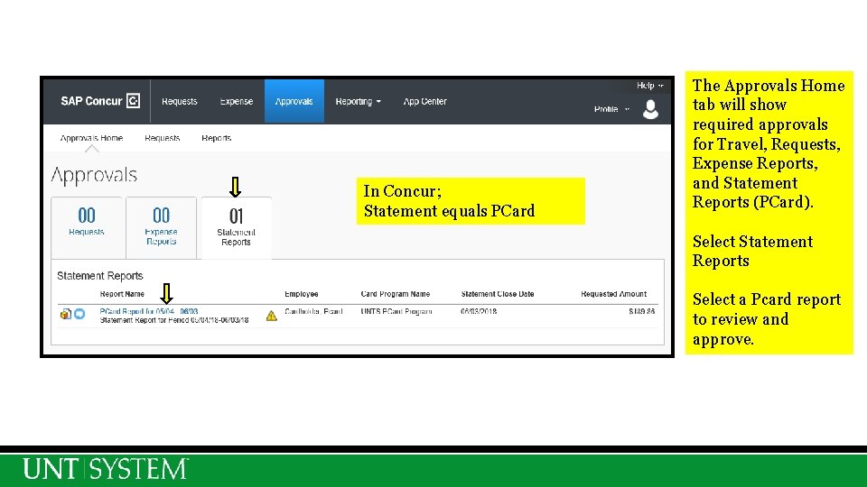 In Concur; Statement equals PCard The Approvals Home tab will show required approvals for