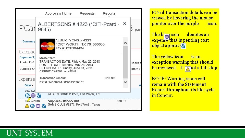 PCard transaction details can be viewed by hovering the mouse pointer over the purple