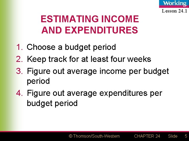 Estimating Income Chapter 24 BUDGETING SAVING AND INVESTING MONEY ThomsonSouthWestern