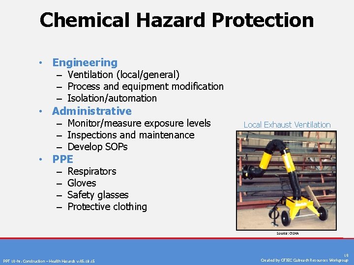 Chemical Hazard Protection • Engineering – Ventilation (local/general) – Process and equipment modification –