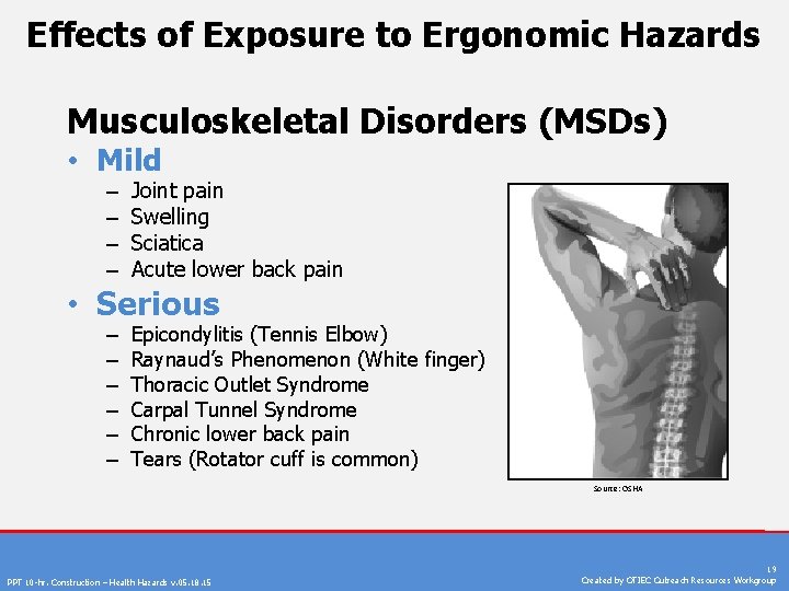 Effects of Exposure to Ergonomic Hazards Musculoskeletal Disorders (MSDs) • Mild – – Joint