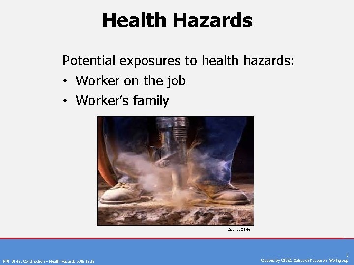 Health Hazards Potential exposures to health hazards: • Worker on the job • Worker’s