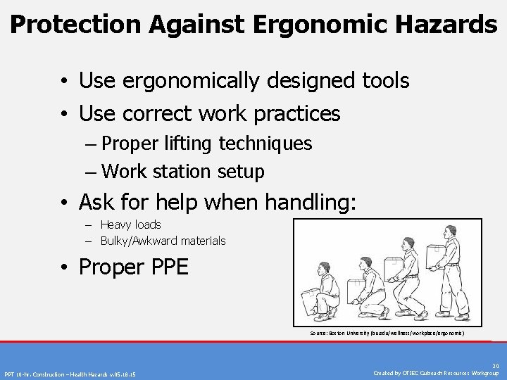 Protection Against Ergonomic Hazards • Use ergonomically designed tools • Use correct work practices
