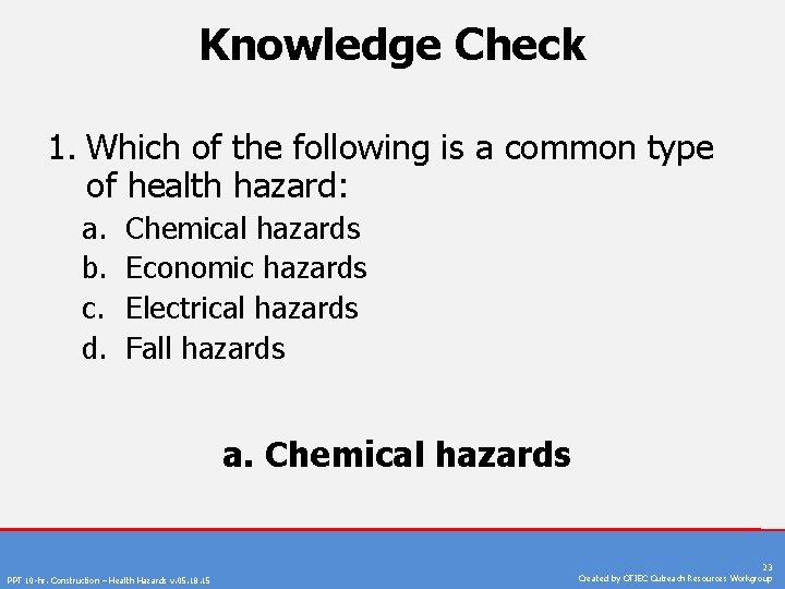 Knowledge Check 1. Which of the following is a common type of health hazard: