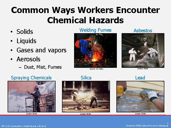 Common Ways Workers Encounter Chemical Hazards • • Solids Liquids Gases and vapors Aerosols