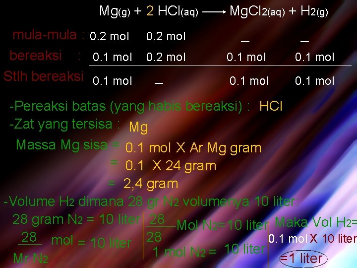 Mg(g) + 2 HCl(aq) mula-mula : 0. 2 mol bereaksi : 0. 1 mol