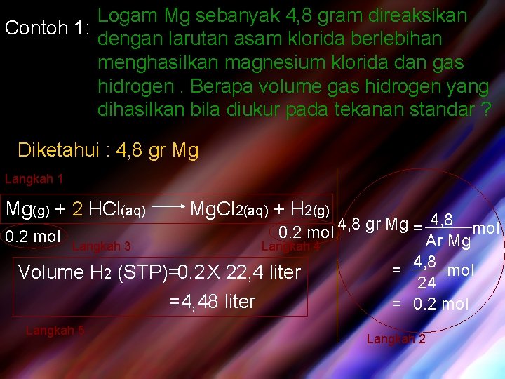 Logam Mg sebanyak 4, 8 gram direaksikan Contoh 1: dengan larutan asam klorida berlebihan