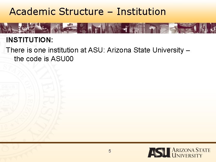 Academic Structure – Institution INSTITUTION: There is one institution at ASU: Arizona State University