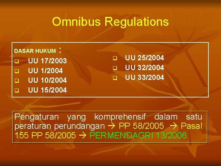 Omnibus Regulations DASAR HUKUM q q : UU 17/2003 UU 1/2004 UU 10/2004 UU