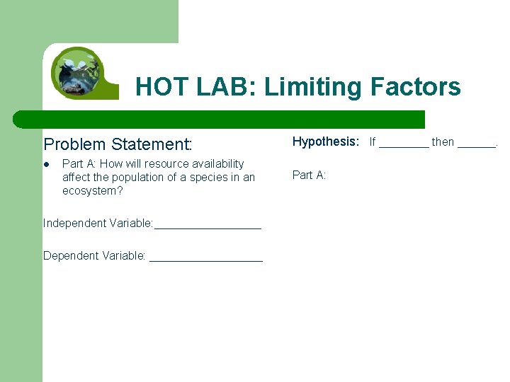 HOT LAB: Limiting Factors Problem Statement: l Part A: How will resource availability affect