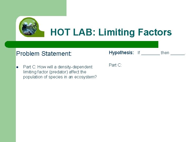 HOT LAB: Limiting Factors Problem Statement: l Part C: How will a density-dependent limiting