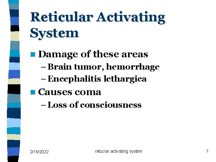 Reticular Activating System n Damage of these areas – Brain tumor, hemorrhage – Encephalitis