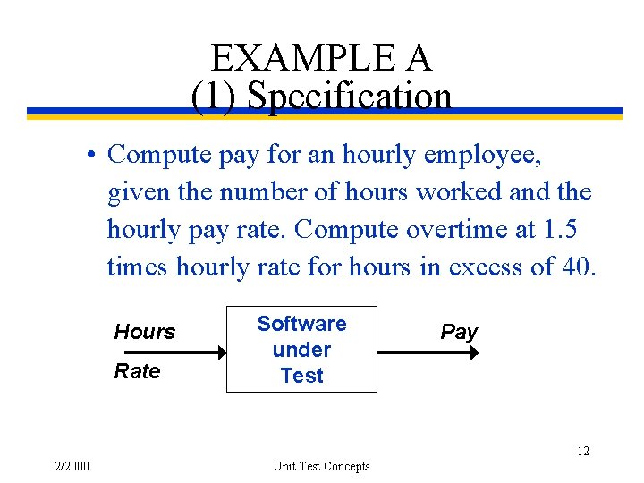 EXAMPLE A (1) Specification • Compute pay for an hourly employee, given the number