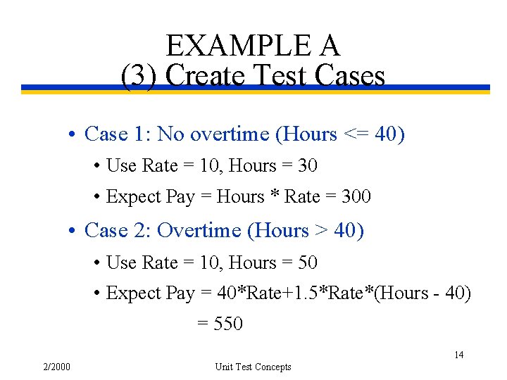 EXAMPLE A (3) Create Test Cases • Case 1: No overtime (Hours <= 40)