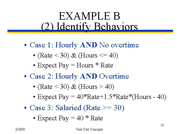 EXAMPLE B (2) Identify Behaviors • Case 1: Hourly AND No overtime • (Rate