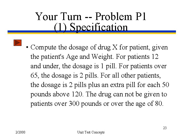 Your Turn -- Problem P 1 (1) Specification • Compute the dosage of drug