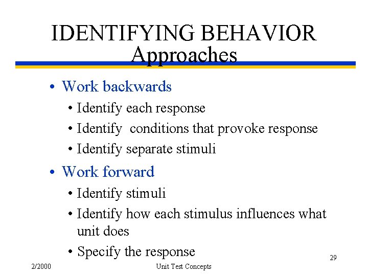 IDENTIFYING BEHAVIOR Approaches • Work backwards • Identify each response • Identify conditions that
