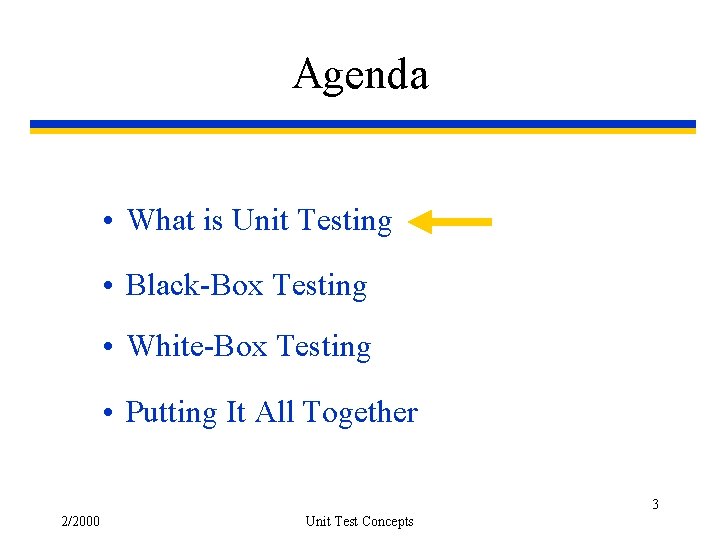 Agenda • What is Unit Testing • Black-Box Testing • White-Box Testing • Putting