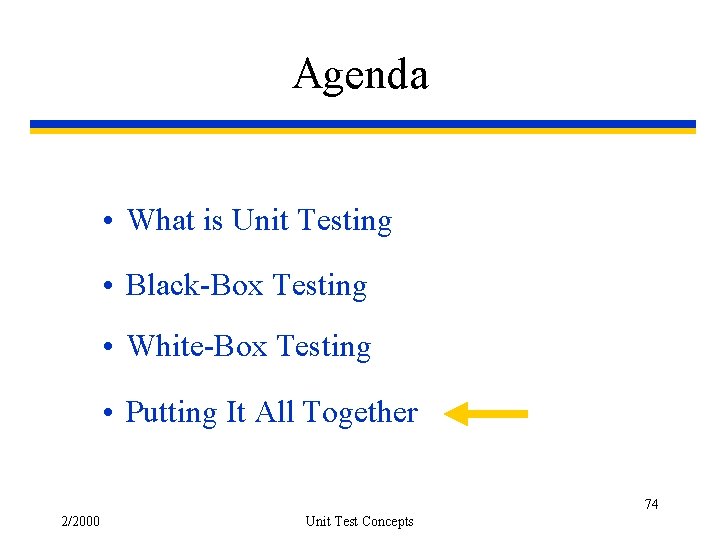 Agenda • What is Unit Testing • Black-Box Testing • White-Box Testing • Putting