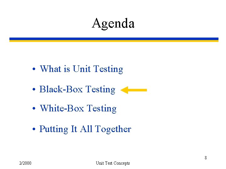 Agenda • What is Unit Testing • Black-Box Testing • White-Box Testing • Putting