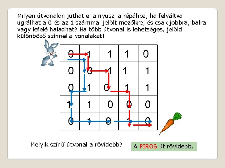 Milyen útvonalon juthat el a nyuszi a répához, ha felváltva ugrálhat a 0 és