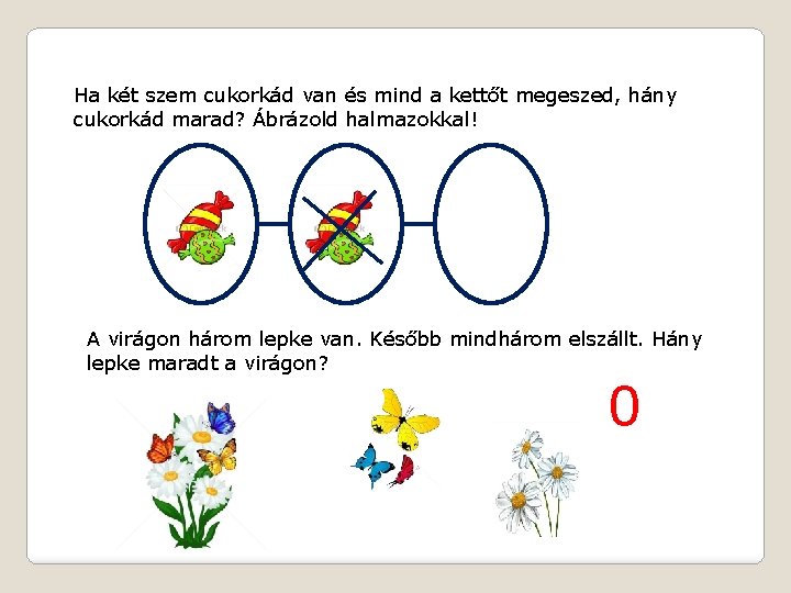 Ha két szem cukorkád van és mind a kettőt megeszed, hány cukorkád marad? Ábrázold