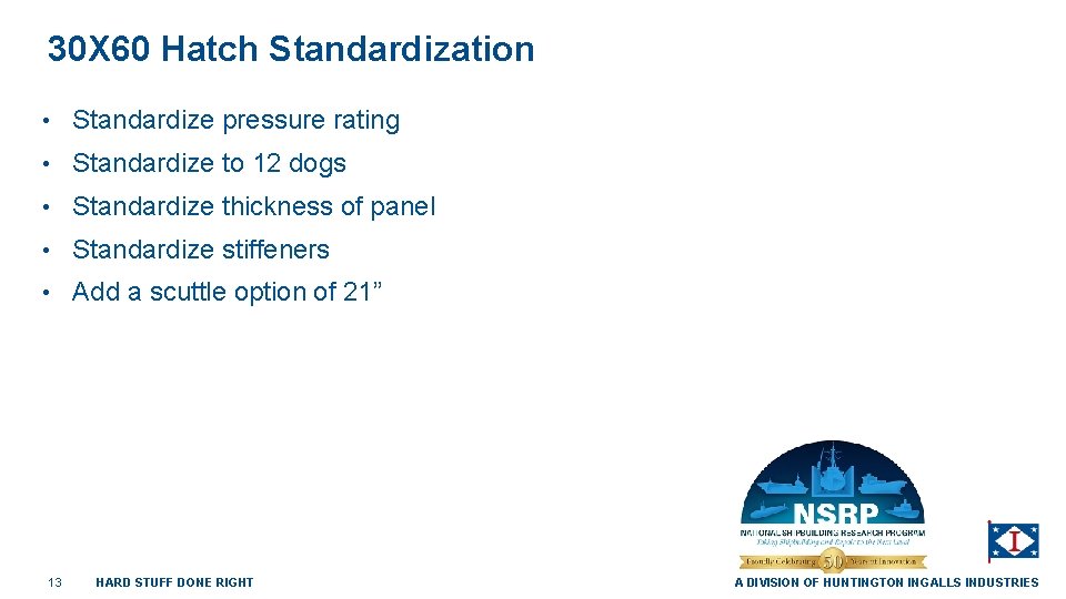 30 X 60 Hatch Standardization • Standardize pressure rating • Standardize to 12 dogs