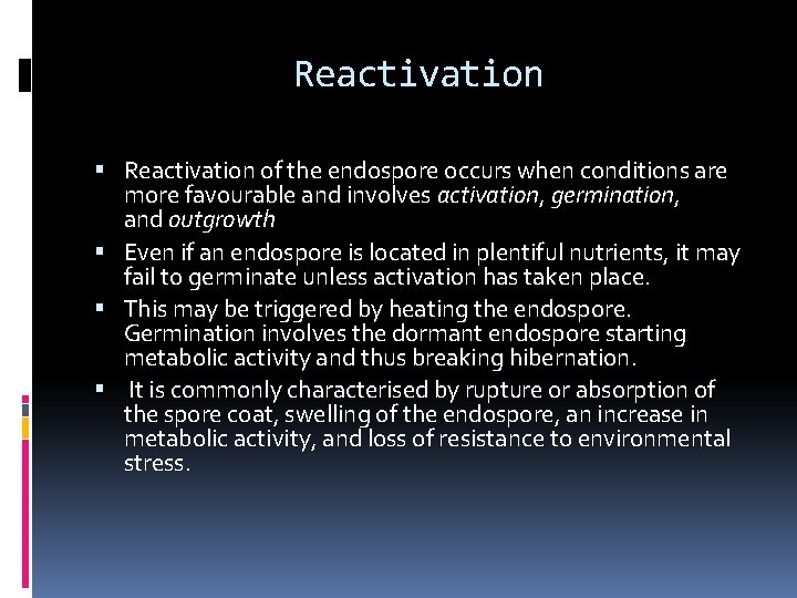 Reactivation of the endospore occurs when conditions are more favourable and involves activation, germination,