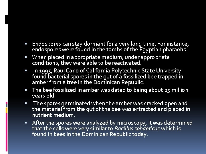  Endospores can stay dormant for a very long time. For instance, endospores were