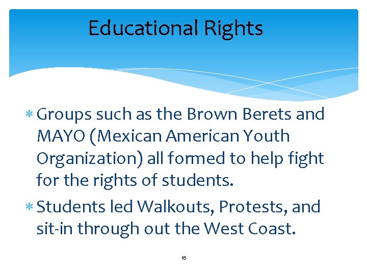 Educational Rights Groups such as the Brown Berets and MAYO (Mexican American Youth Organization)