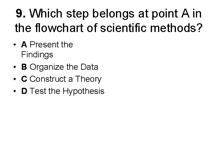 9. Which step belongs at point A in the flowchart of scientific methods? •