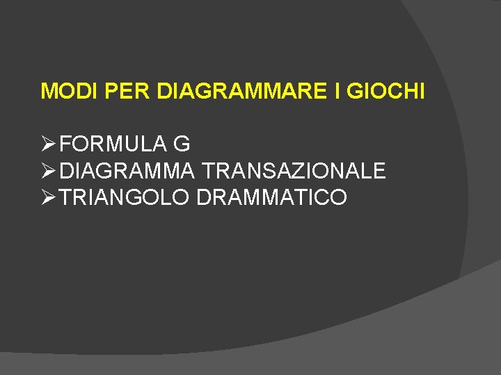 MODI PER DIAGRAMMARE I GIOCHI ØFORMULA G ØDIAGRAMMA TRANSAZIONALE ØTRIANGOLO DRAMMATICO 