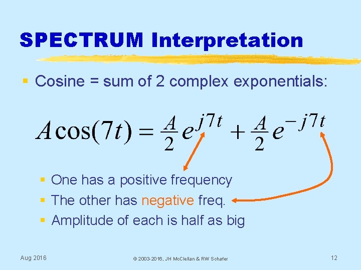 SPECTRUM Interpretation § Cosine = sum of 2 complex exponentials: § One has a