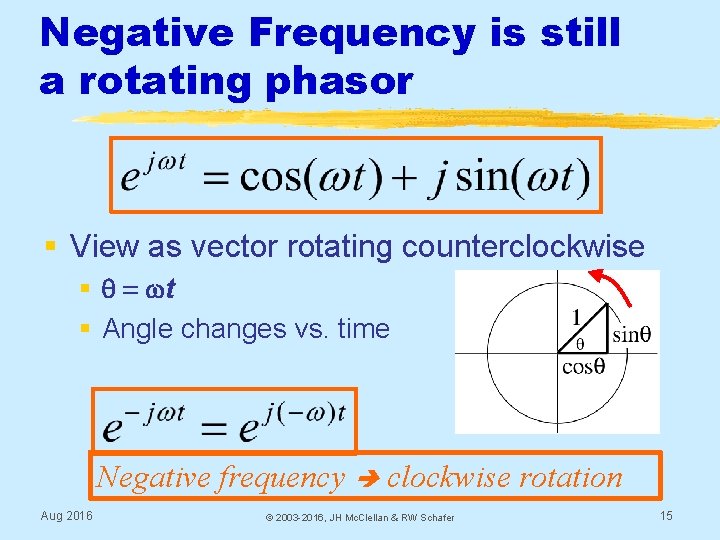 Negative Frequency is still a rotating phasor § View as vector rotating counterclockwise §