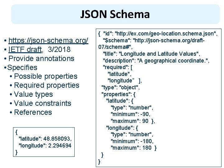 JSON Schema • https: //json-schema. org/ • IETF draft, 3/2018 • Provide annotations • JSON Schema • https: //json-schema. org/ • IETF draft, 3/2018 • Provide annotations •