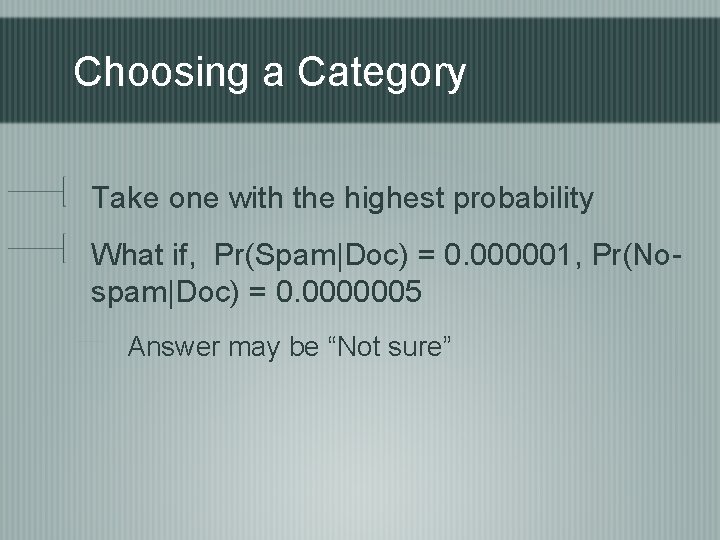 Choosing a Category Take one with the highest probability What if, Pr(Spam|Doc) = 0.