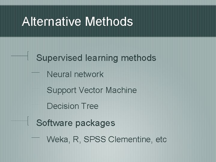 Alternative Methods Supervised learning methods Neural network Support Vector Machine Decision Tree Software packages