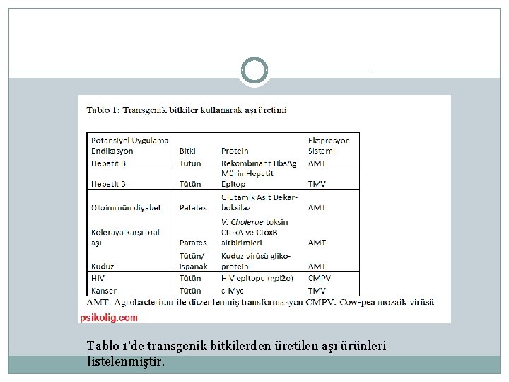 Tablo 1’de transgenik bitkilerden üretilen aşı ürünleri listelenmiştir. 