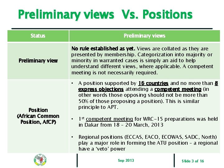 Preliminary views Vs. Positions Status Preliminary view Position (African Common Position, Af. CP) Preliminary