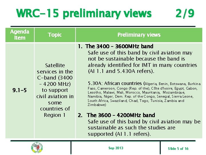 WRC-15 preliminary views Agenda Item 9. 1 -5 Topic 2/9 Preliminary views 1. The