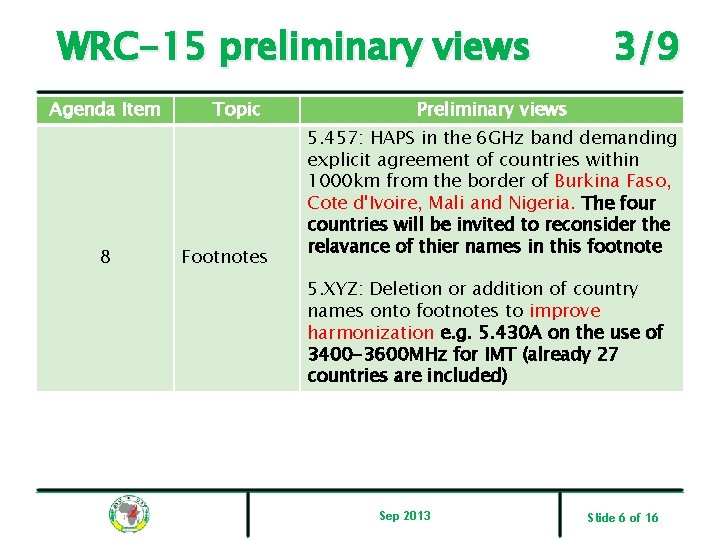 WRC-15 preliminary views Agenda Item 8 Topic Footnotes 3/9 Preliminary views 5. 457: HAPS