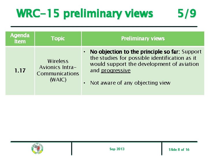 WRC-15 preliminary views Agenda Item 1. 17 Topic Wireless Avionics Intra. Communications (WAIC) 5/9