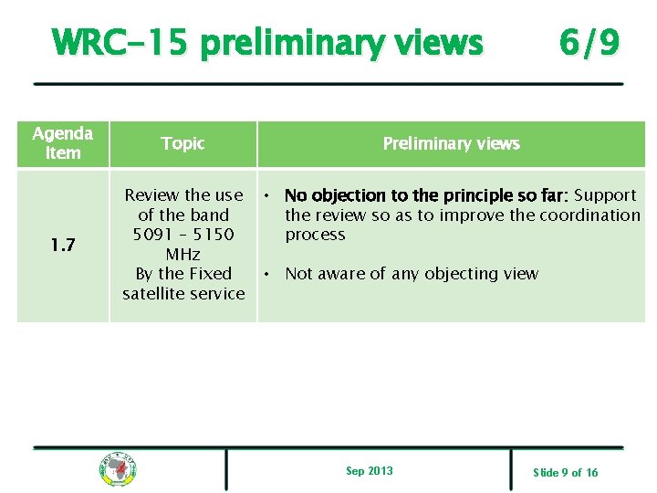 WRC-15 preliminary views 6/9 Agenda Item Topic Preliminary views 1. 7 Review the use