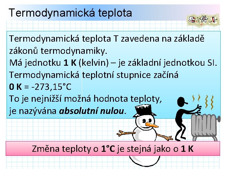 Termodynamická teplota T zavedena na základě zákonů termodynamiky. Má jednotku 1 K (kelvin) –