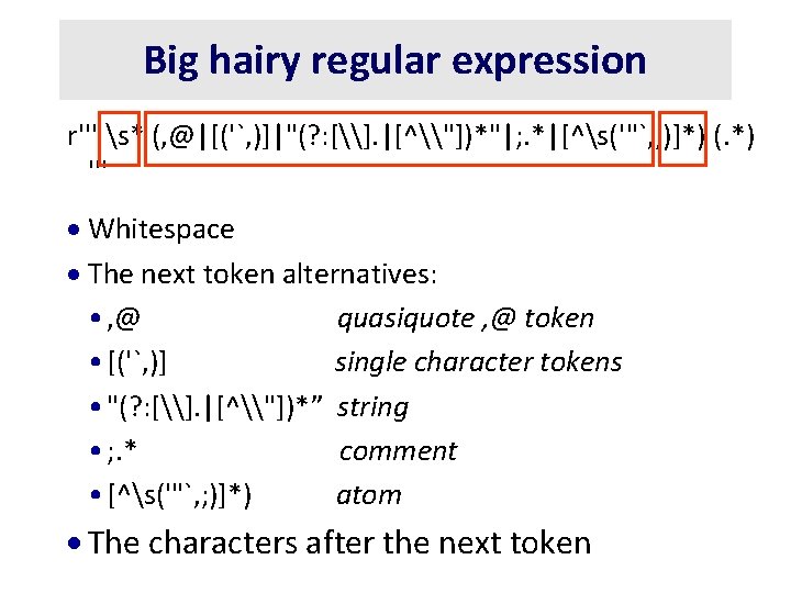 Big hairy regular expression r''' s* (, @|[('`, )]|"(? : [\]. |[^\"])*"|; . *|[^s('"`,