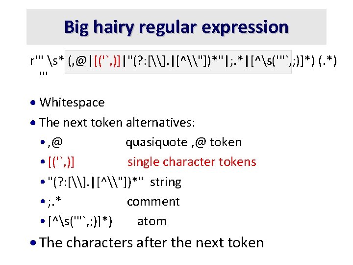Big hairy regular expression r''' s* (, @|[('`, )]|"(? : [\]. |[^\"])*"|; . *|[^s('"`,