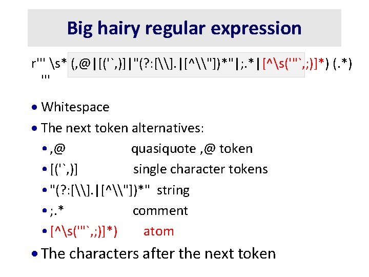 Big hairy regular expression r''' s* (, @|[('`, )]|"(? : [\]. |[^\"])*"|; . *|[^s('"`,