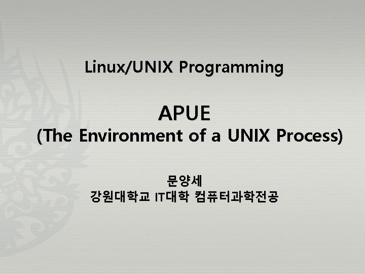 Linux/UNIX Programming APUE (The Environment of a UNIX Process) 문양세 강원대학교 IT대학 컴퓨터과학전공 