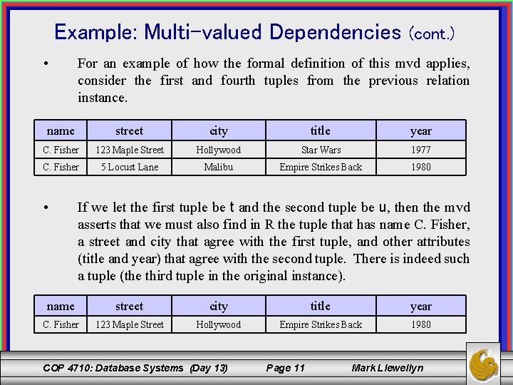 Example: Multi-valued Dependencies • (cont. ) For an example of how the formal definition